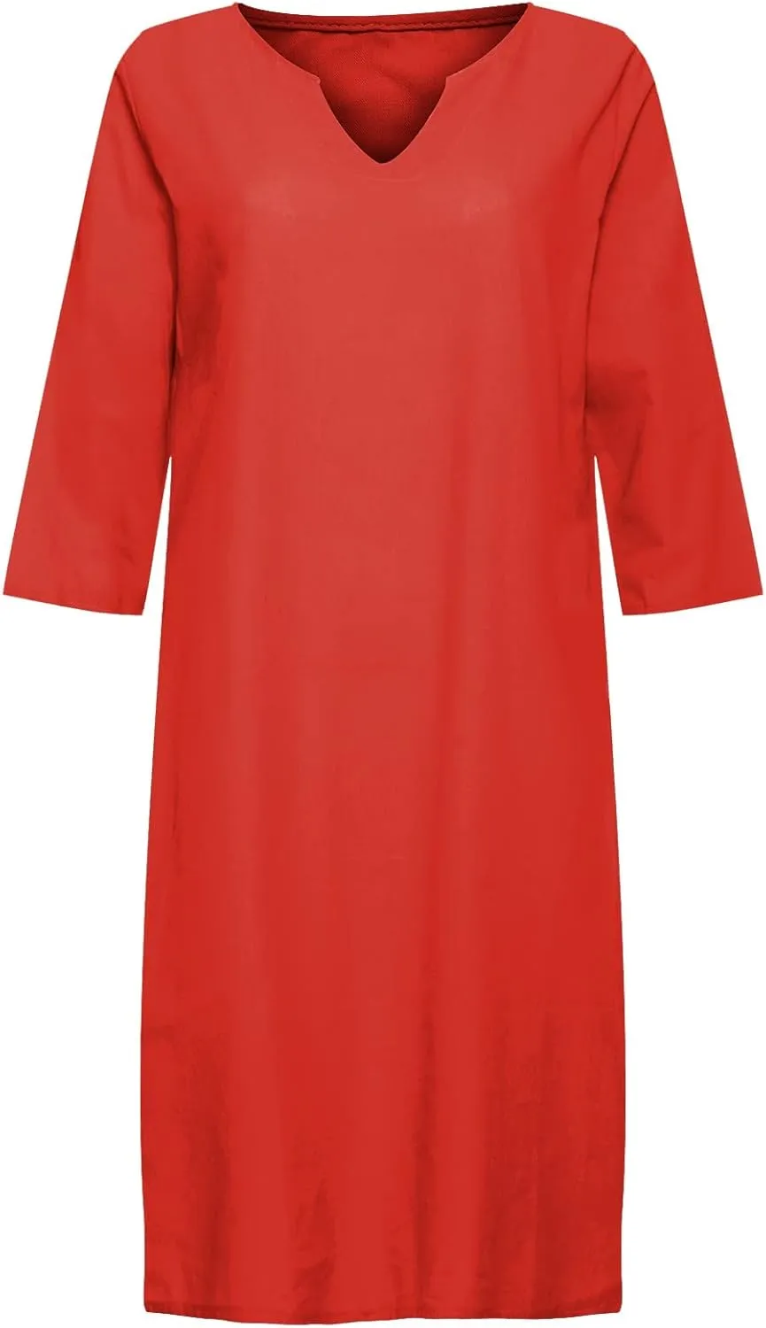 Womens Linen Dress Casual Summer 3/4 Sleeve V Neck Knee Length Mini Dress Cute Elegant Cruise Beach Vacation Sundress