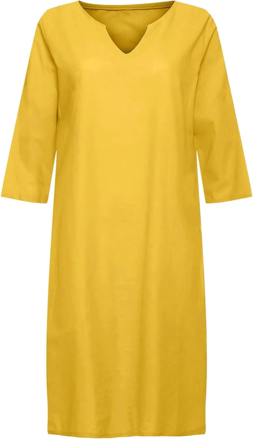 Womens Linen Dress Casual Summer 3/4 Sleeve V Neck Knee Length Mini Dress Cute Elegant Cruise Beach Vacation Sundress