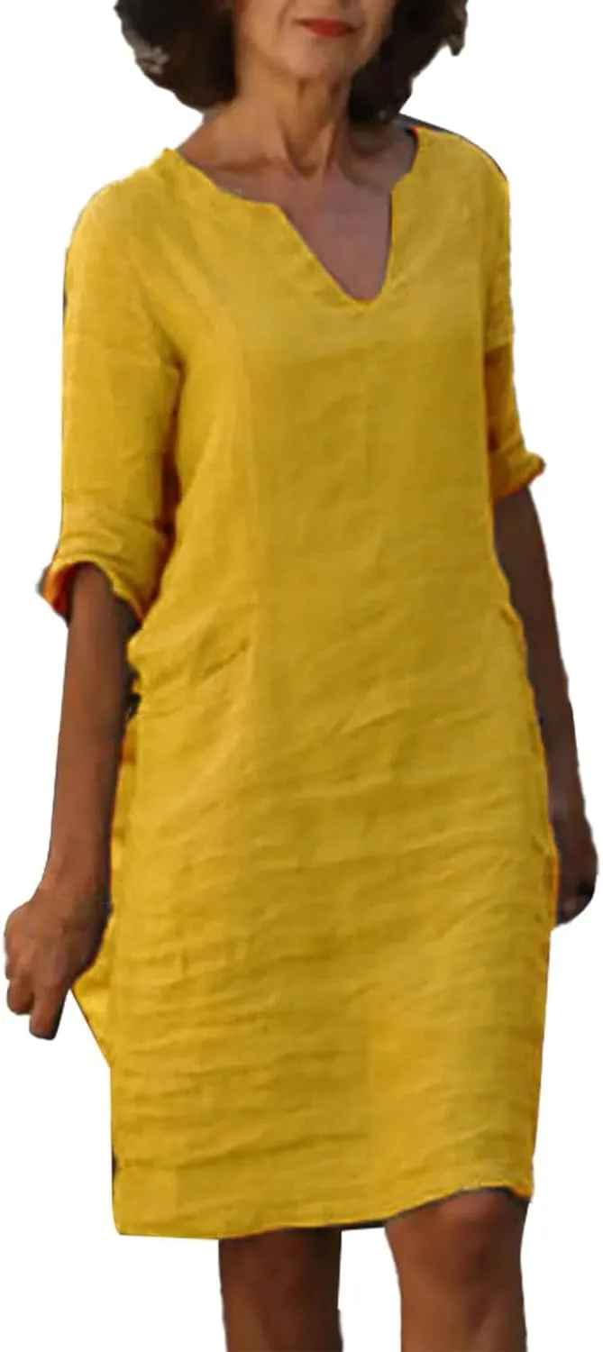 Womens Linen Dress Casual Summer 3/4 Sleeve V Neck Knee Length Mini Dress Cute Elegant Cruise Beach Vacation Sundress