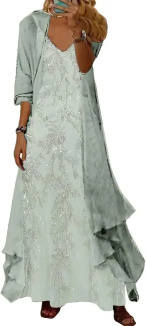 Womens Maxi Dress with Outerwear V-Neck Long Sleeve Flared Hem Graceful Flowy 2025 Spring Summer Evening Party Dress