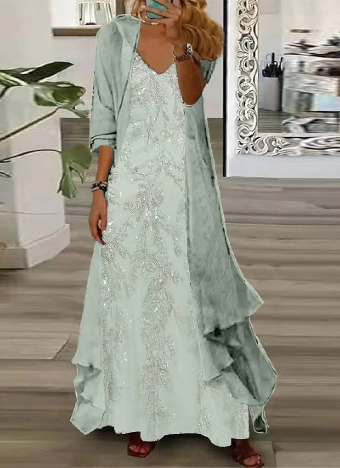 Womens Maxi Dress with Outerwear V-Neck Long Sleeve Flared Hem Graceful Flowy 2025 Spring Summer Evening Party Dress