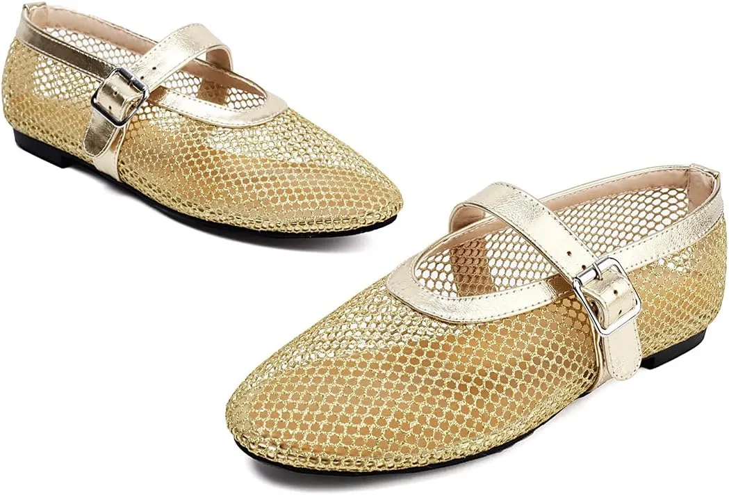 Women's Mesh Ballet Flats Comfy Casual Office Flat Heel Fishnet Ballerina Shoes Round Toe Buckle Strap Mary Jane Flats