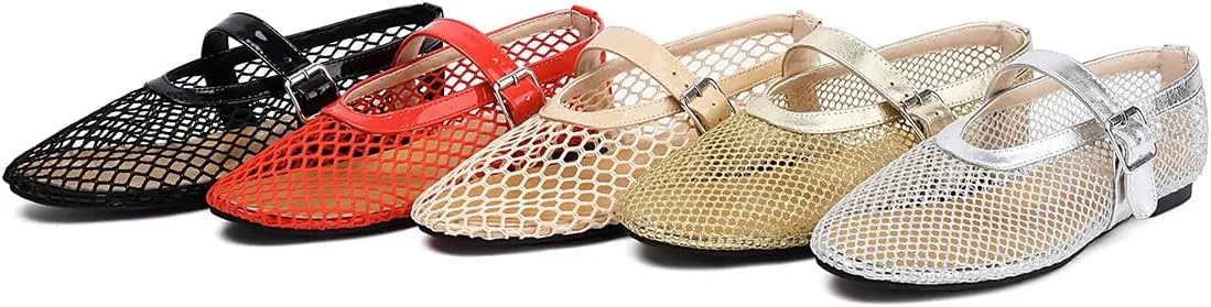 Women's Mesh Ballet Flats Comfy Casual Office Flat Heel Fishnet Ballerina Shoes Round Toe Buckle Strap Mary Jane Flats