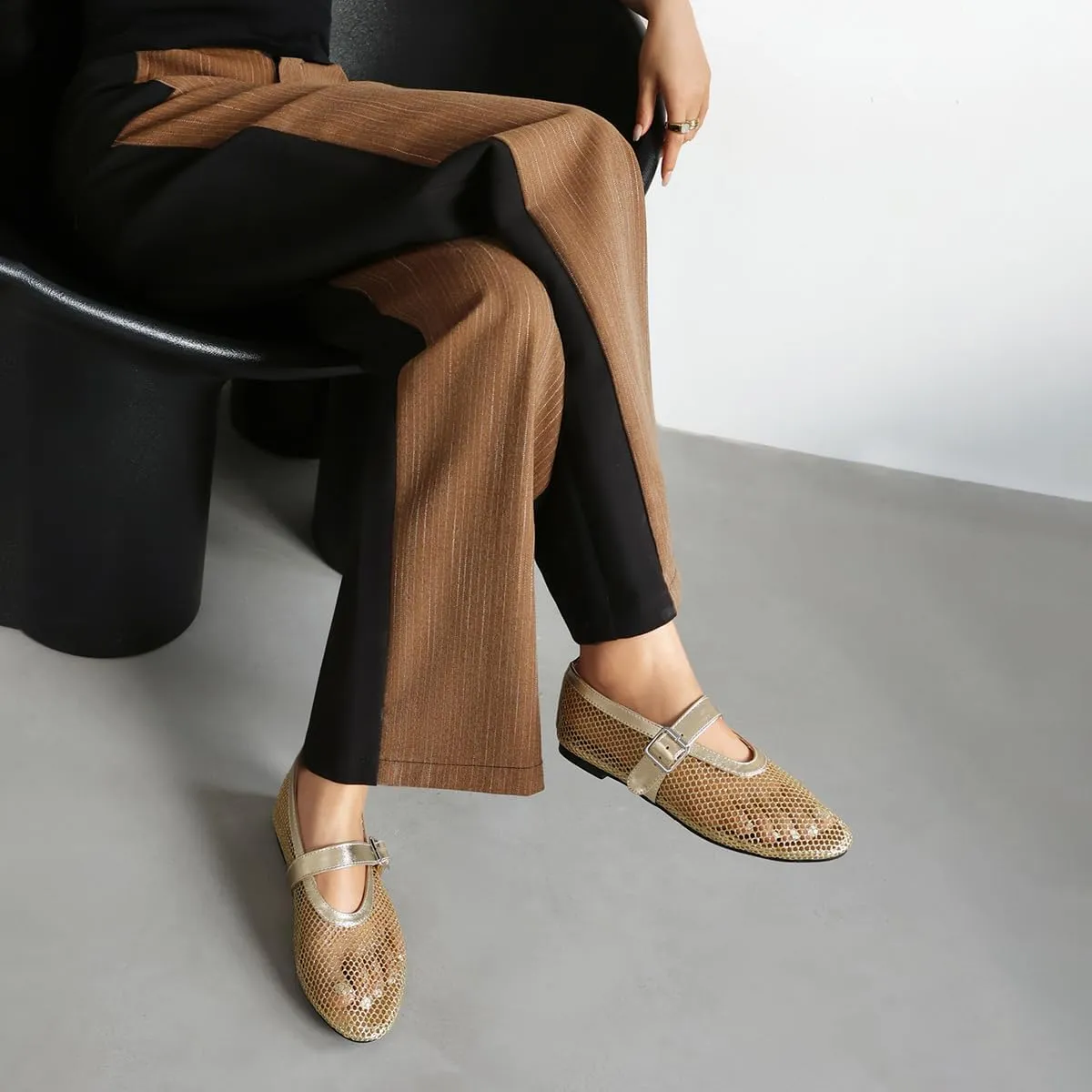 Women's Mesh Ballet Flats Comfy Casual Office Flat Heel Fishnet Ballerina Shoes Round Toe Buckle Strap Mary Jane Flats