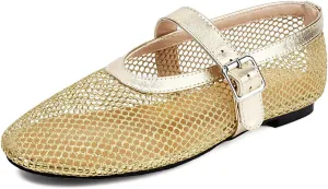 Women's Mesh Ballet Flats Comfy Casual Office Flat Heel Fishnet Ballerina Shoes Round Toe Buckle Strap Mary Jane Flats