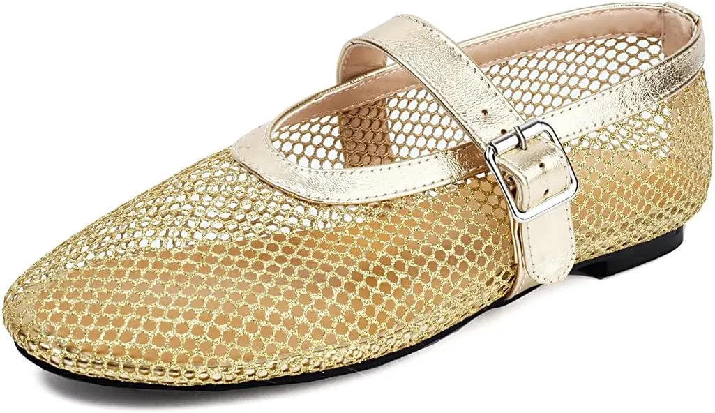 Women's Mesh Ballet Flats Comfy Casual Office Flat Heel Fishnet Ballerina Shoes Round Toe Buckle Strap Mary Jane Flats