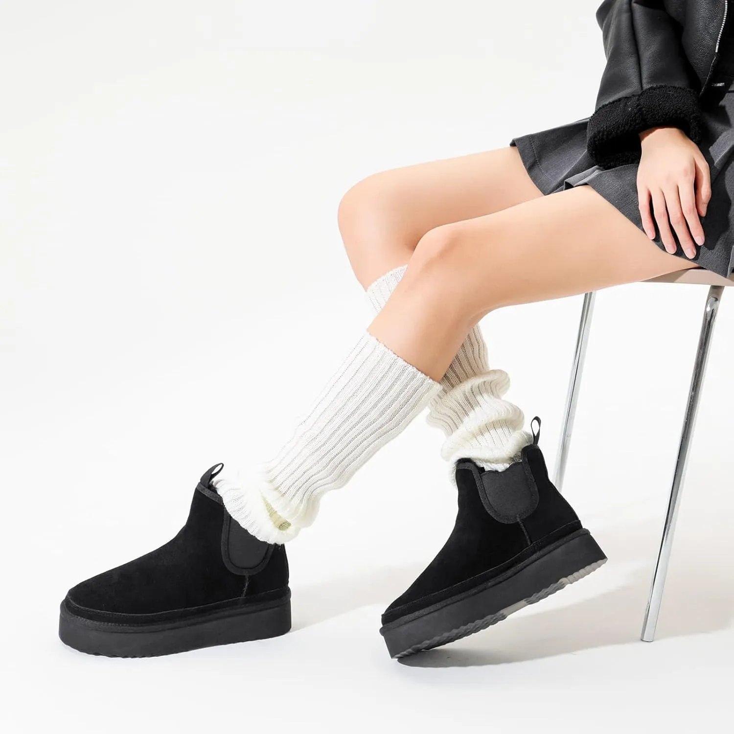 Women's Mini Snow Boots Platform Chelsea Winter Warm Faux Fur Lined Suede Indoor Outdoor Anti-Slip Classic Comfortable Flat Ankle Bootie