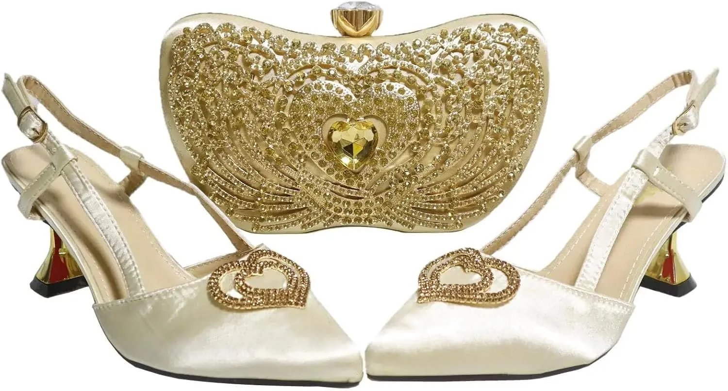 Womens Nigerian Inspired Designer Evening Shoes and Clutch Set Rhinestone Pattern High Heels for Bridal Party