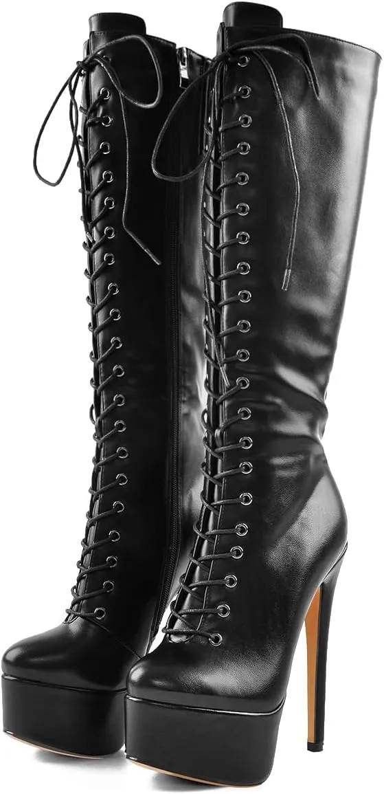 Women's Over The Knee Pull On Buckle Stiletto Heeled Lace Up Boots
