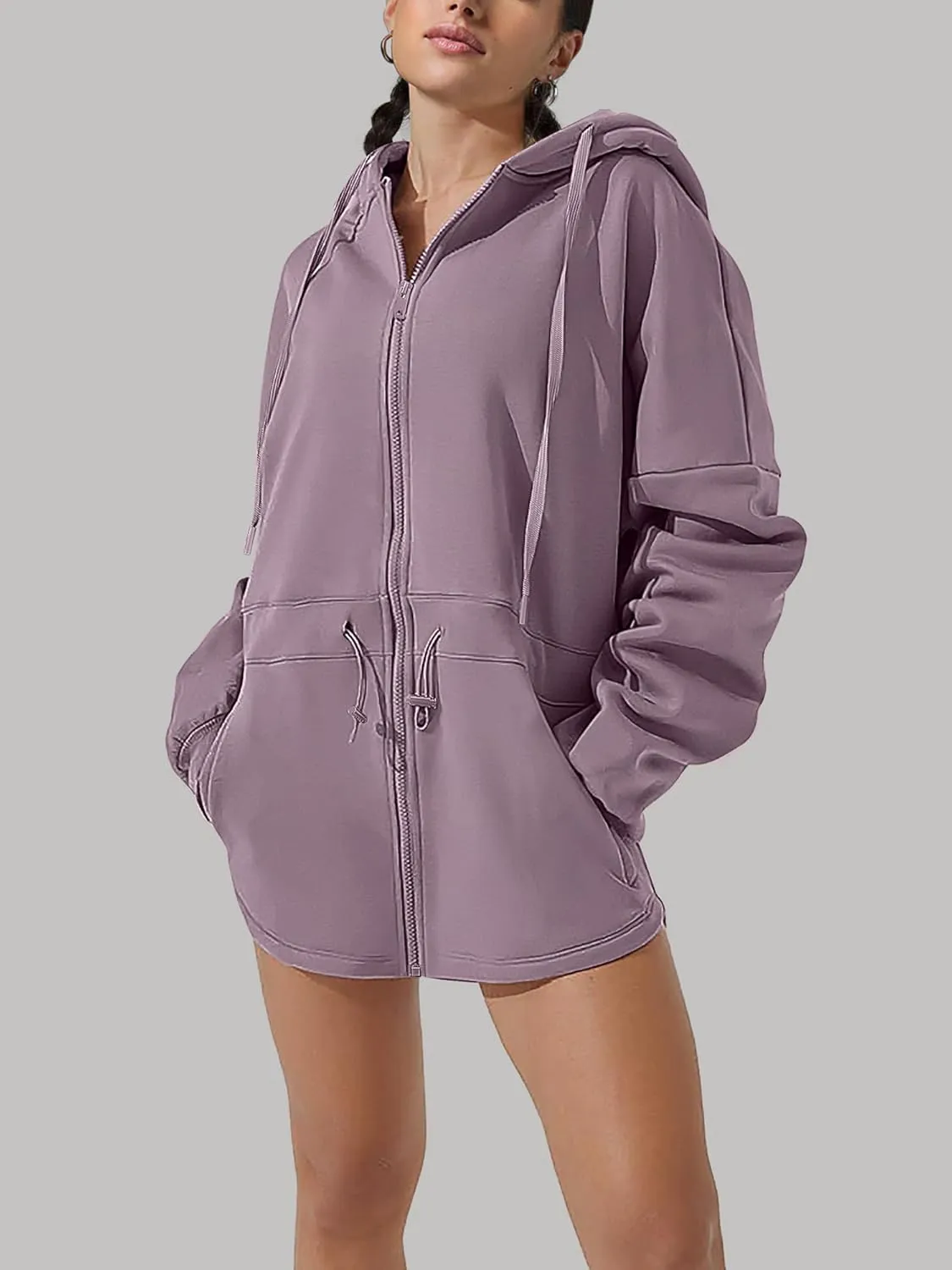 Womens Oversized Hoodies Fleece Zip Up Sweatshirts Drawstring Waist Long Sleeve Sweaters Pullover Fall Outfits