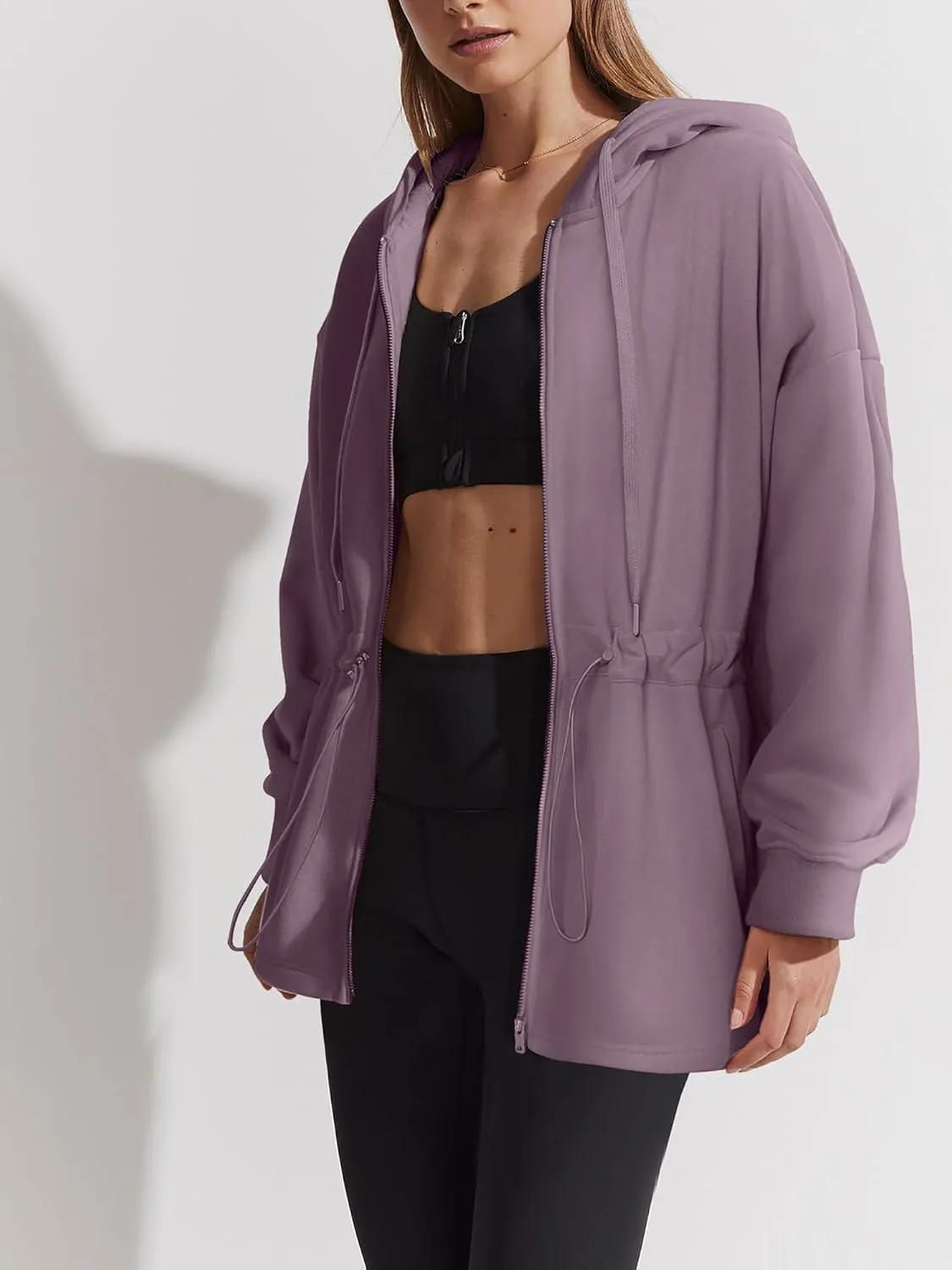 Womens Oversized Hoodies Fleece Zip Up Sweatshirts Drawstring Waist Long Sleeve Sweaters Pullover Fall Outfits