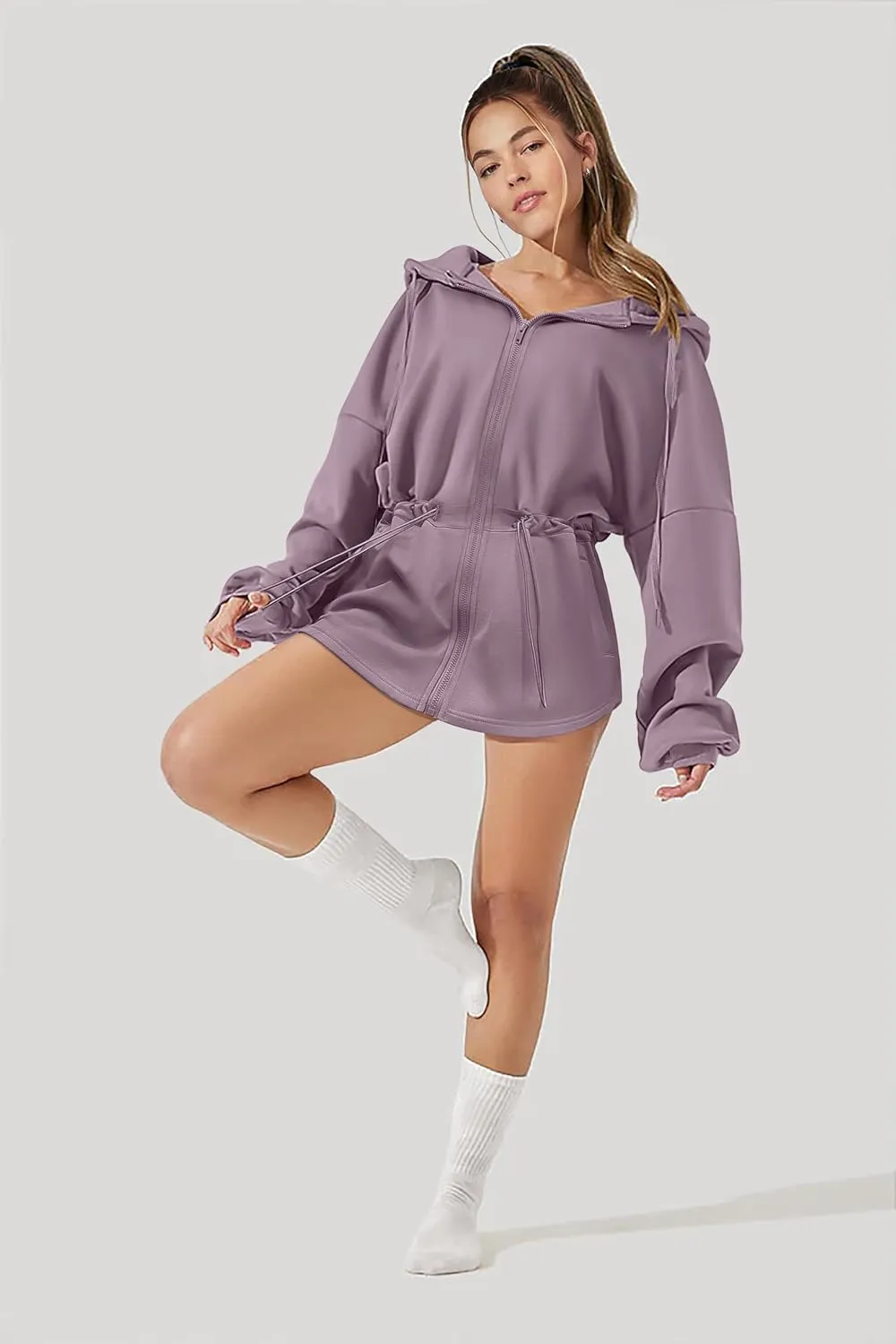 Womens Oversized Hoodies Fleece Zip Up Sweatshirts Drawstring Waist Long Sleeve Sweaters Pullover Fall Outfits