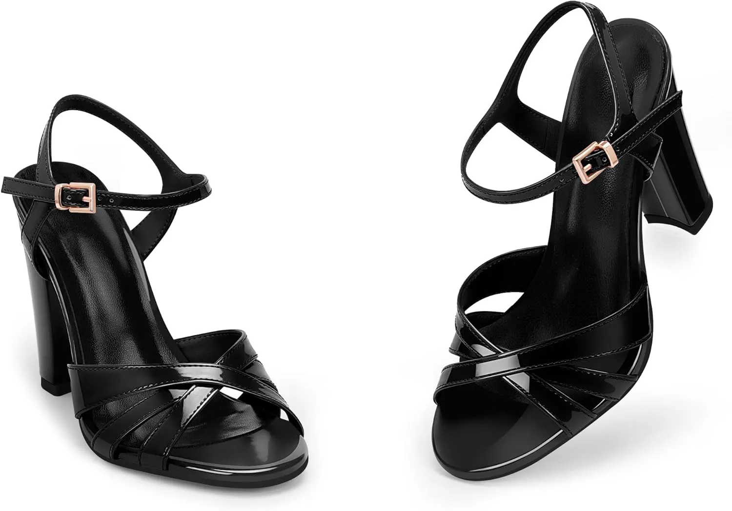 Women's Patent Leather Heeled Sandals - Chunky High Heel Open Toe with Adjustable Buckle Strap | Comfort Dress Shoes for Weddings/Parties