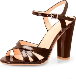 Women's Patent Leather Heeled Sandals - Chunky High Heel Open Toe with Adjustable Buckle Strap | Comfort Dress Shoes for Weddings/Parties