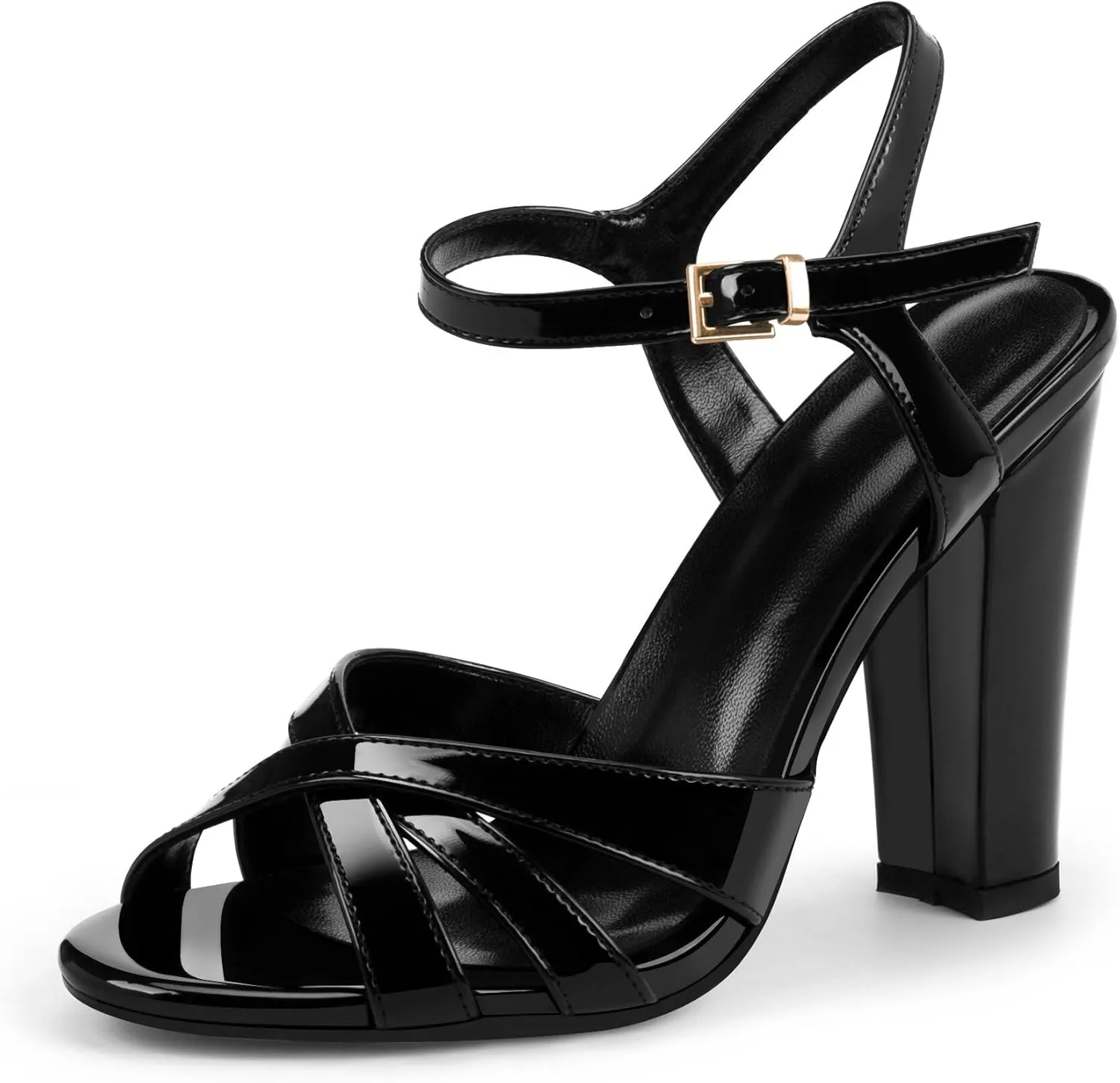 Women's Patent Leather Heeled Sandals - Chunky High Heel Open Toe with Adjustable Buckle Strap | Comfort Dress Shoes for Weddings/Parties