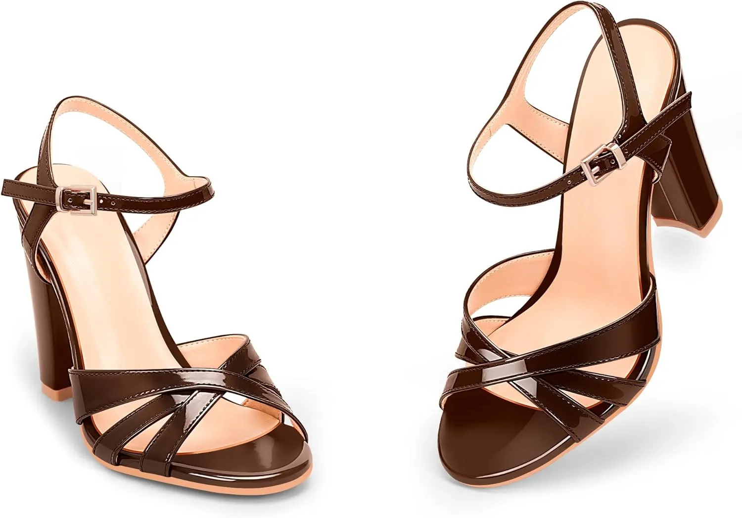 Women's Patent Leather Heeled Sandals - Chunky High Heel Open Toe with Adjustable Buckle Strap | Comfort Dress Shoes for Weddings/Parties