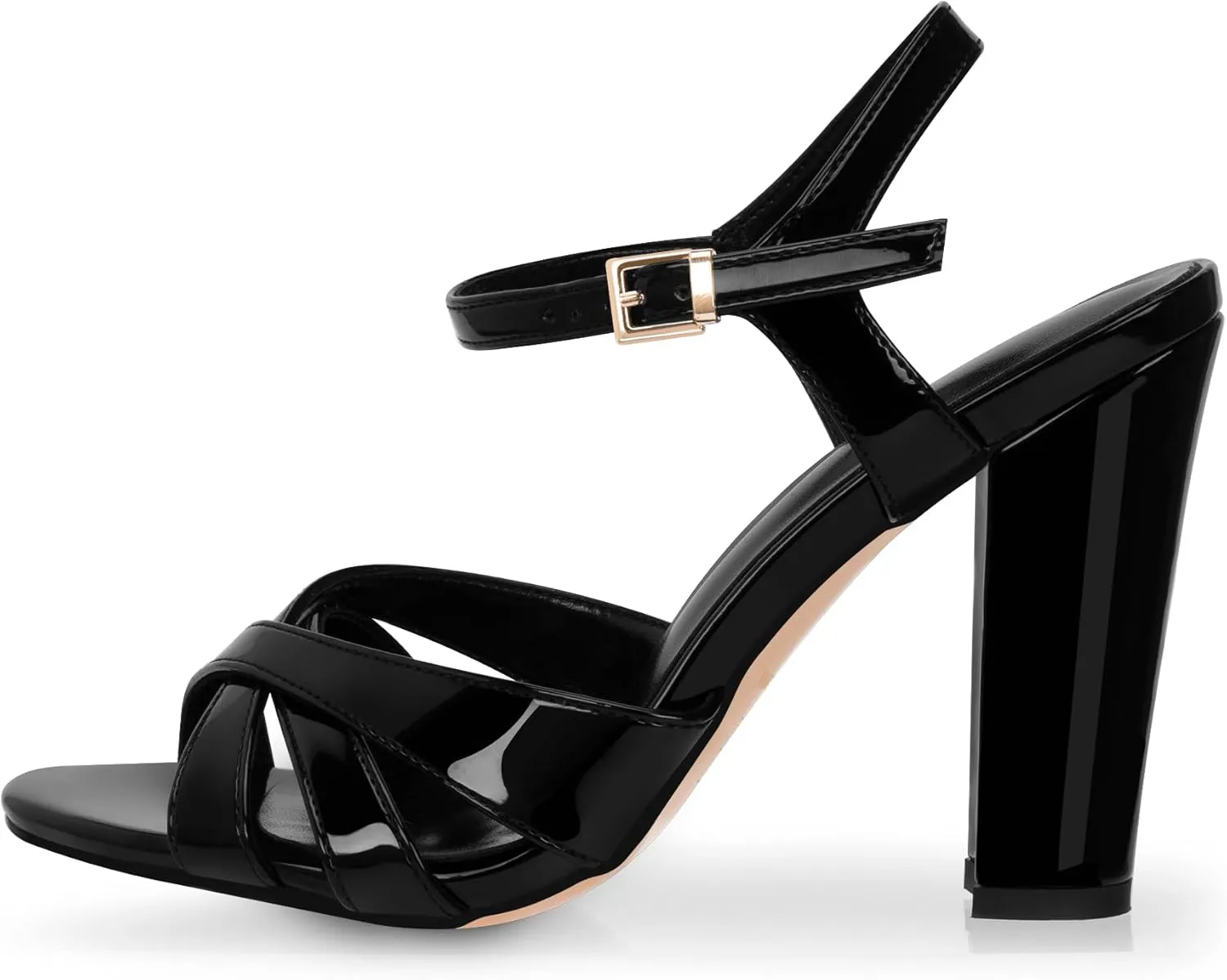 Women's Patent Leather Heeled Sandals - Chunky High Heel Open Toe with Adjustable Buckle Strap | Comfort Dress Shoes for Weddings/Parties