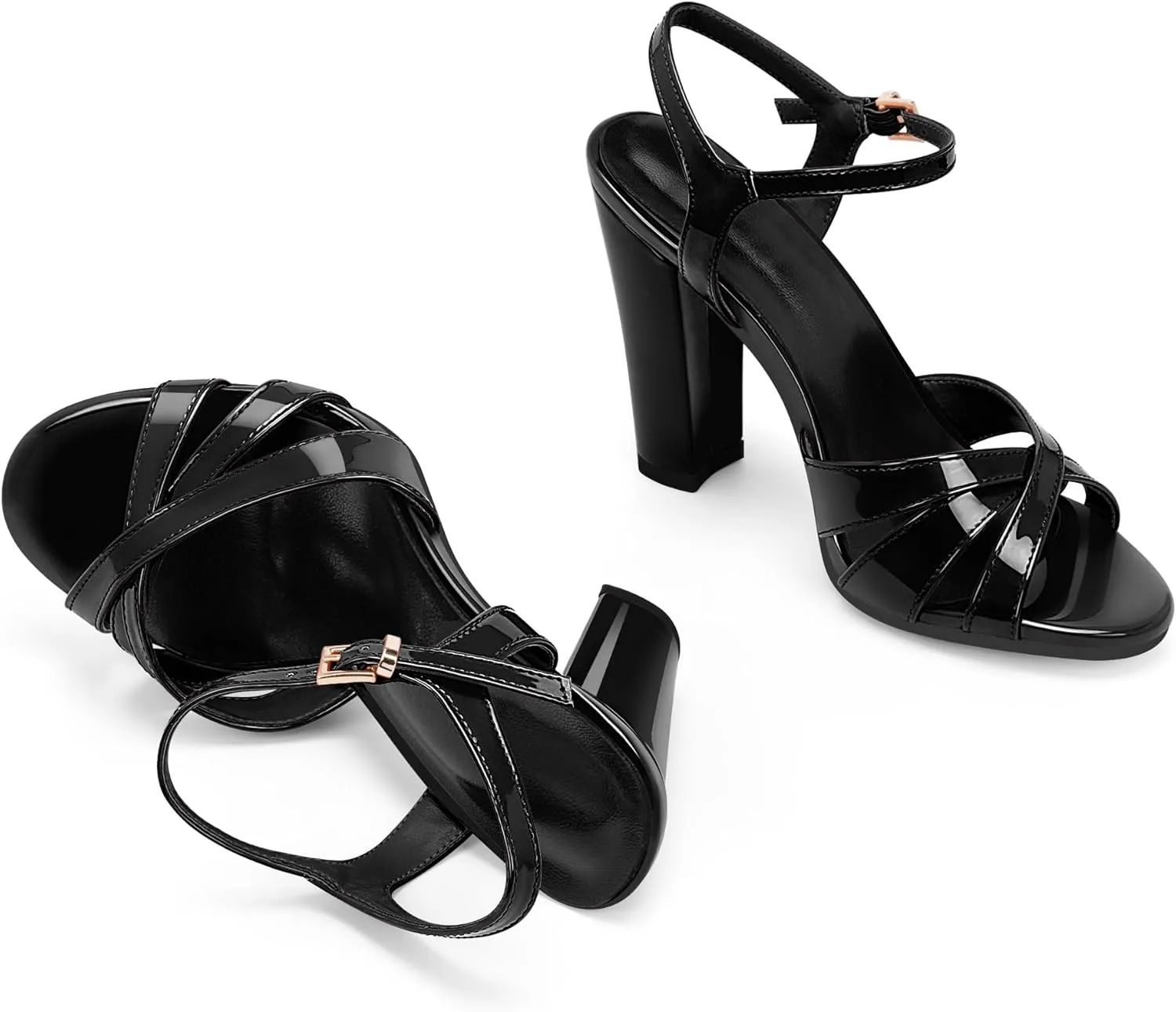 Women's Patent Leather Heeled Sandals - Chunky High Heel Open Toe with Adjustable Buckle Strap | Comfort Dress Shoes for Weddings/Parties