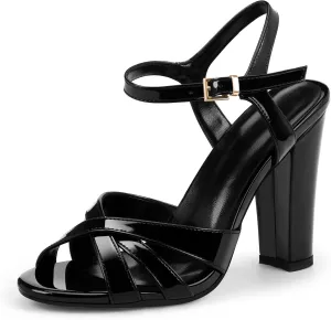 Women's Patent Leather Heeled Sandals - Chunky High Heel Open Toe with Adjustable Buckle Strap | Comfort Dress Shoes for Weddings/Parties