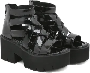 Women's Patent Leather Platform Chunky Heel Fisherman Sandals Fashion Hollow Adjustable Ankle Buckle Zipper Round Open Toe Anti-Slip Lug Sole Goth Walking Sandals