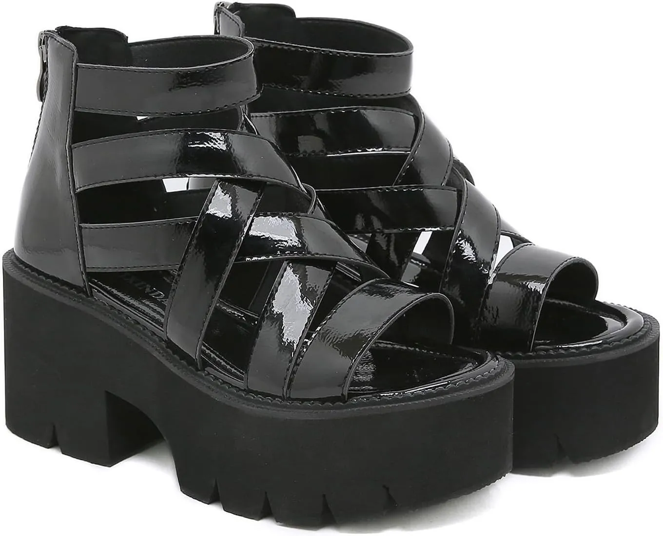 Women's Patent Leather Platform Chunky Heel Fisherman Sandals Fashion Hollow Adjustable Ankle Buckle Zipper Round Open Toe Anti-Slip Lug Sole Goth Walking Sandals
