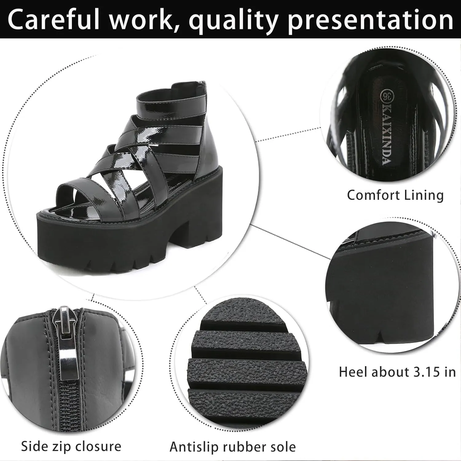Women's Patent Leather Platform Chunky Heel Fisherman Sandals Fashion Hollow Adjustable Ankle Buckle Zipper Round Open Toe Anti-Slip Lug Sole Goth Walking Sandals
