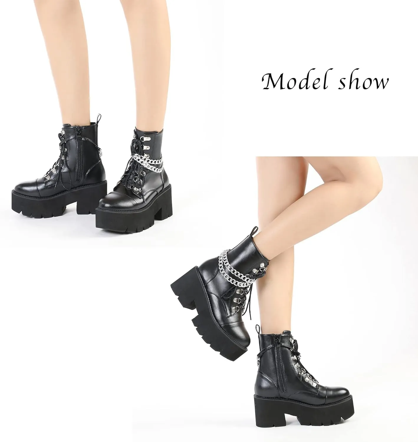 Womens Platform Boots Round Toe Chunky Ankle Boots Punk Boots Lace Up&Zipper Combat Boots