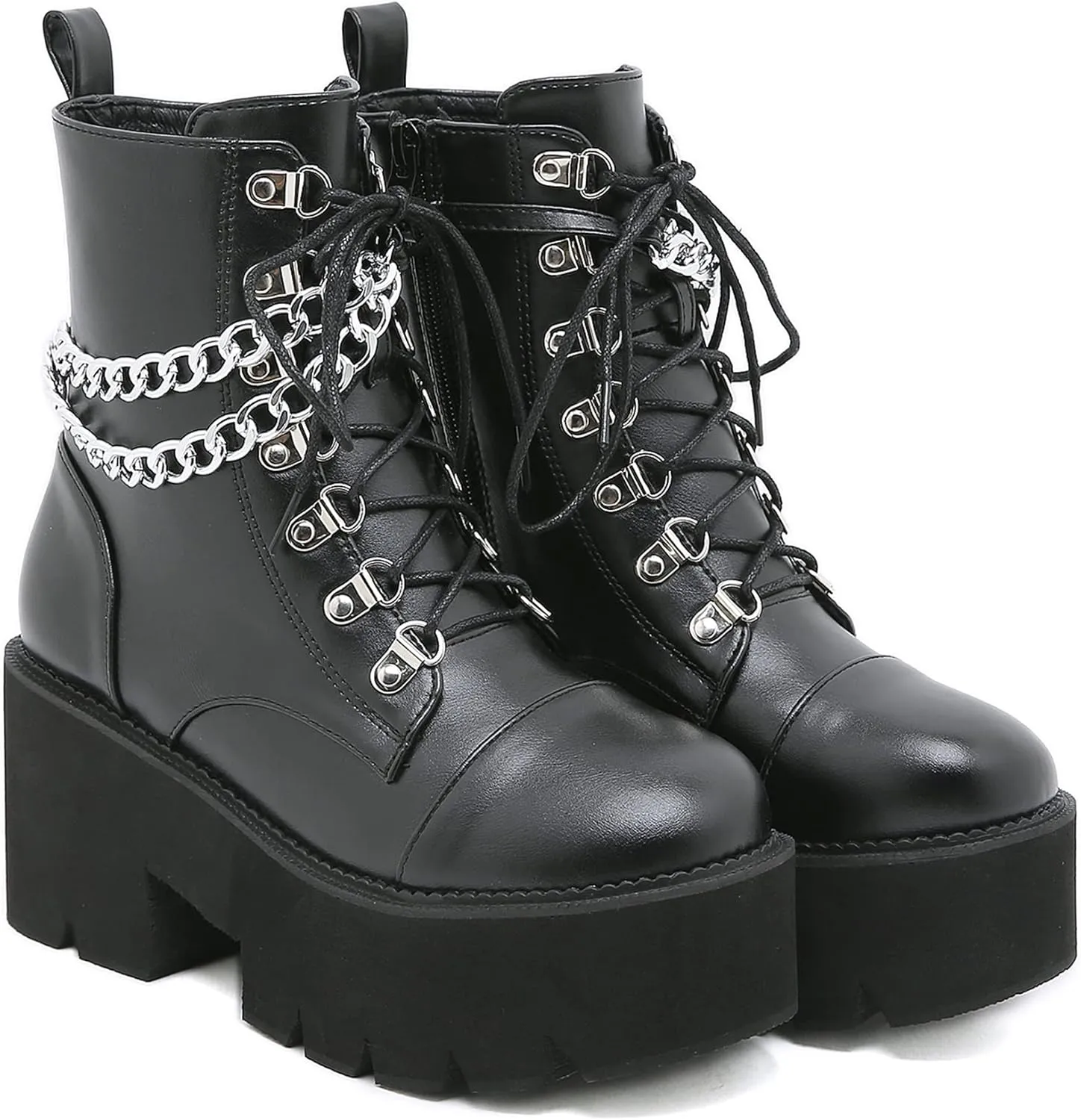 Womens Platform Boots Round Toe Chunky Ankle Boots Punk Boots Lace Up&Zipper Combat Boots
