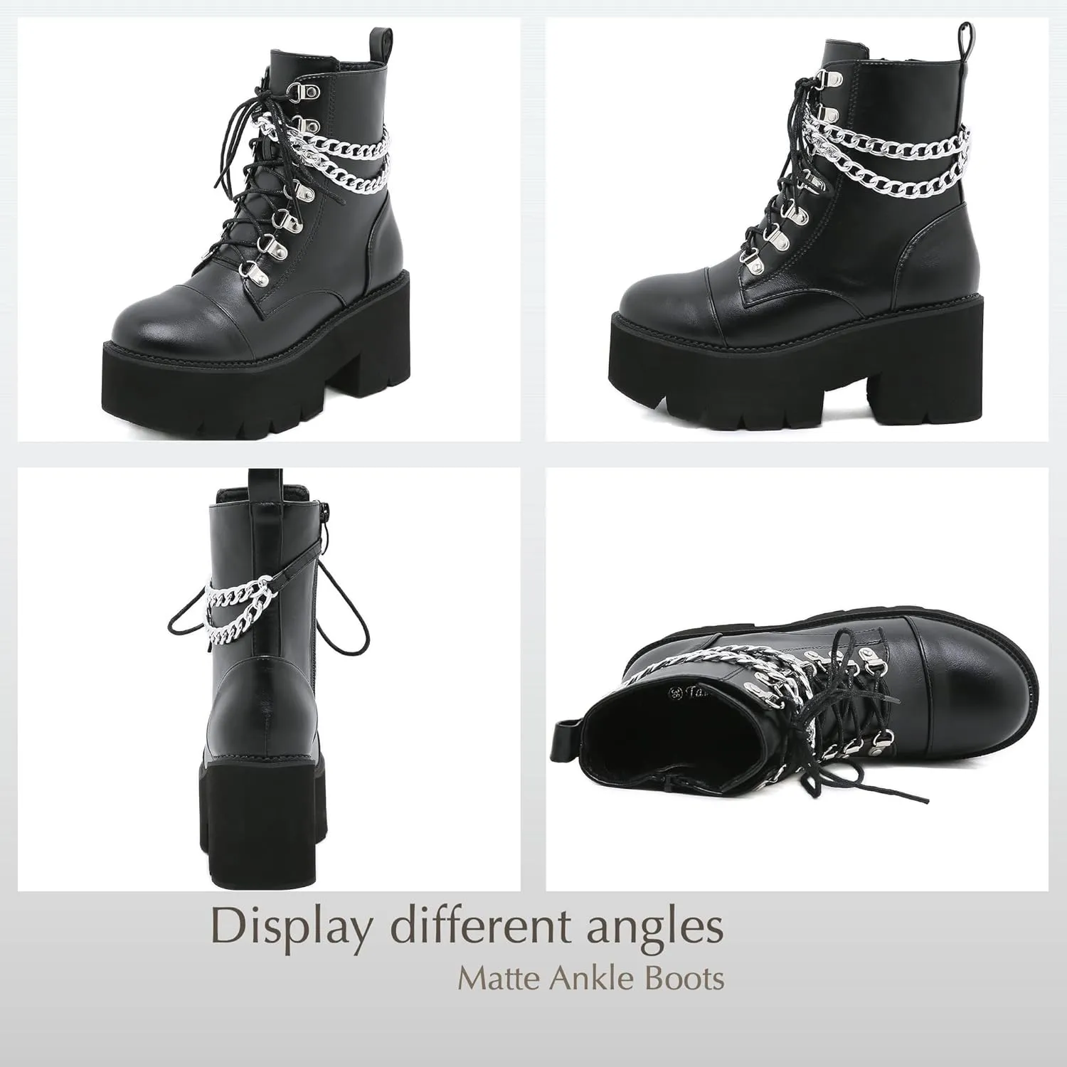 Womens Platform Boots Round Toe Chunky Ankle Boots Punk Boots Lace Up&Zipper Combat Boots