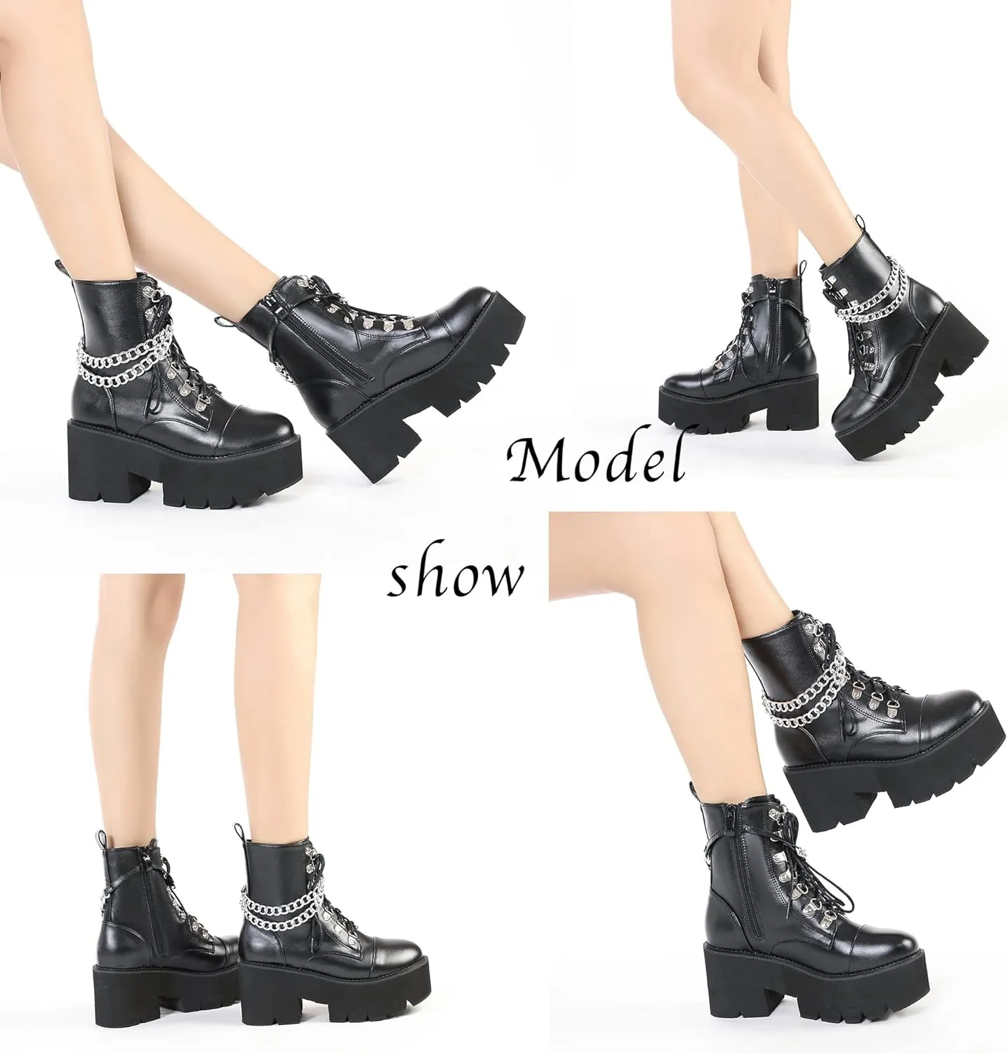 Womens Platform Boots Round Toe Chunky Ankle Boots Punk Boots Lace Up&Zipper Combat Boots