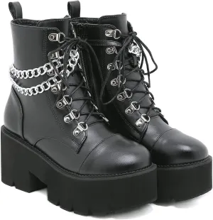 Womens Platform Boots Round Toe Chunky Ankle Boots Punk Boots Lace Up&Zipper Combat Boots