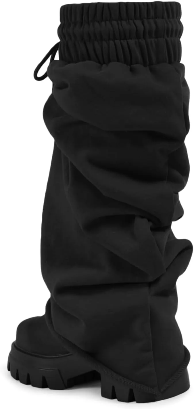 Women's Platform fold over Round Toe Chunky Heel wide calf Boots Fashion Pull-On Party Slouchy Shark Mid Calf Shoes