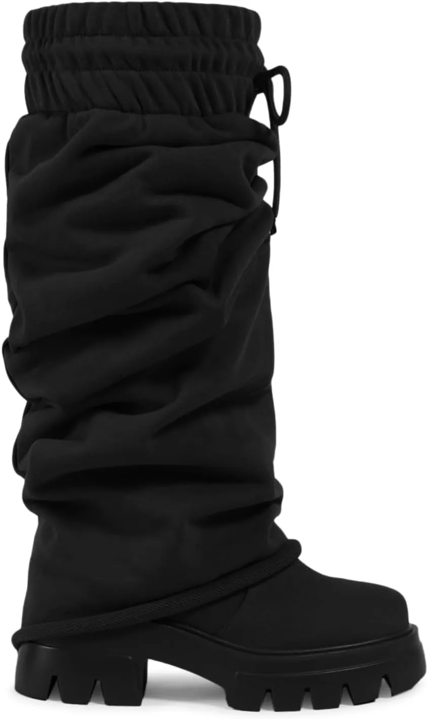 Women's Platform fold over Round Toe Chunky Heel wide calf Boots Fashion Pull-On Party Slouchy Shark Mid Calf Shoes