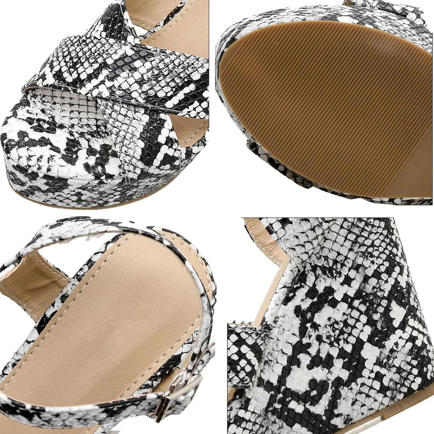 Women's Platform Slingback Wedge Heels with Buckle Ankle Strap Peep Toe X-Strap Trendy Snakeskin High Heels Sandals for Summer