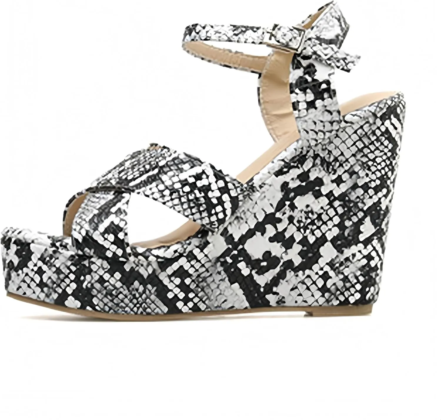Women's Platform Slingback Wedge Heels with Buckle Ankle Strap Peep Toe X-Strap Trendy Snakeskin High Heels Sandals for Summer