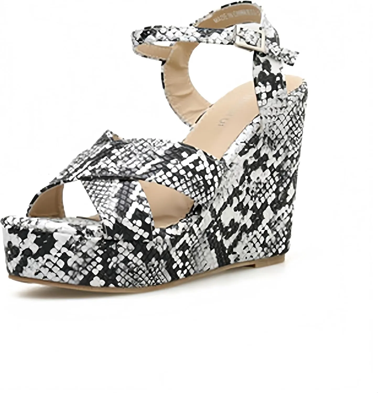 Women's Platform Slingback Wedge Heels with Buckle Ankle Strap Peep Toe X-Strap Trendy Snakeskin High Heels Sandals for Summer