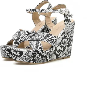 Women's Platform Slingback Wedge Heels with Buckle Ankle Strap Peep Toe X-Strap Trendy Snakeskin High Heels Sandals for Summer