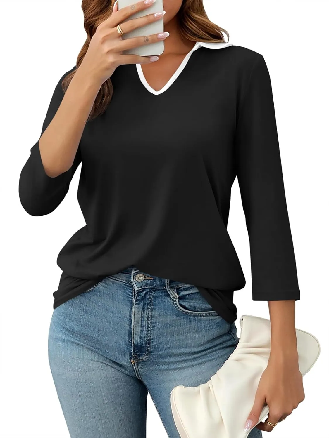 Womens Polo Shirts Fall Collared 3/4 Sleeve Tops Color Block Work Casual Blouses