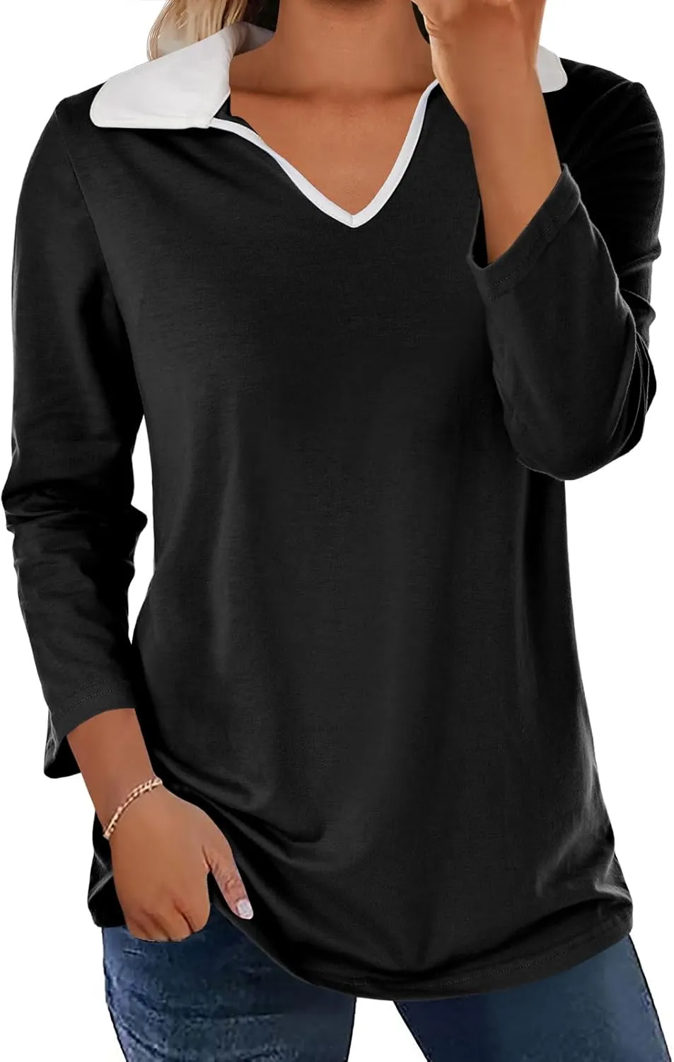 Womens Polo Shirts Fall Collared 3/4 Sleeve Tops Color Block Work Casual Blouses