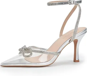 Women's Rhinestone Bow Heels Sparkly Wedding Closed Pointed Toe High Sexy Satin Stiletto Ankle Strap Pumps Bridal Dress Heeled Sandals
