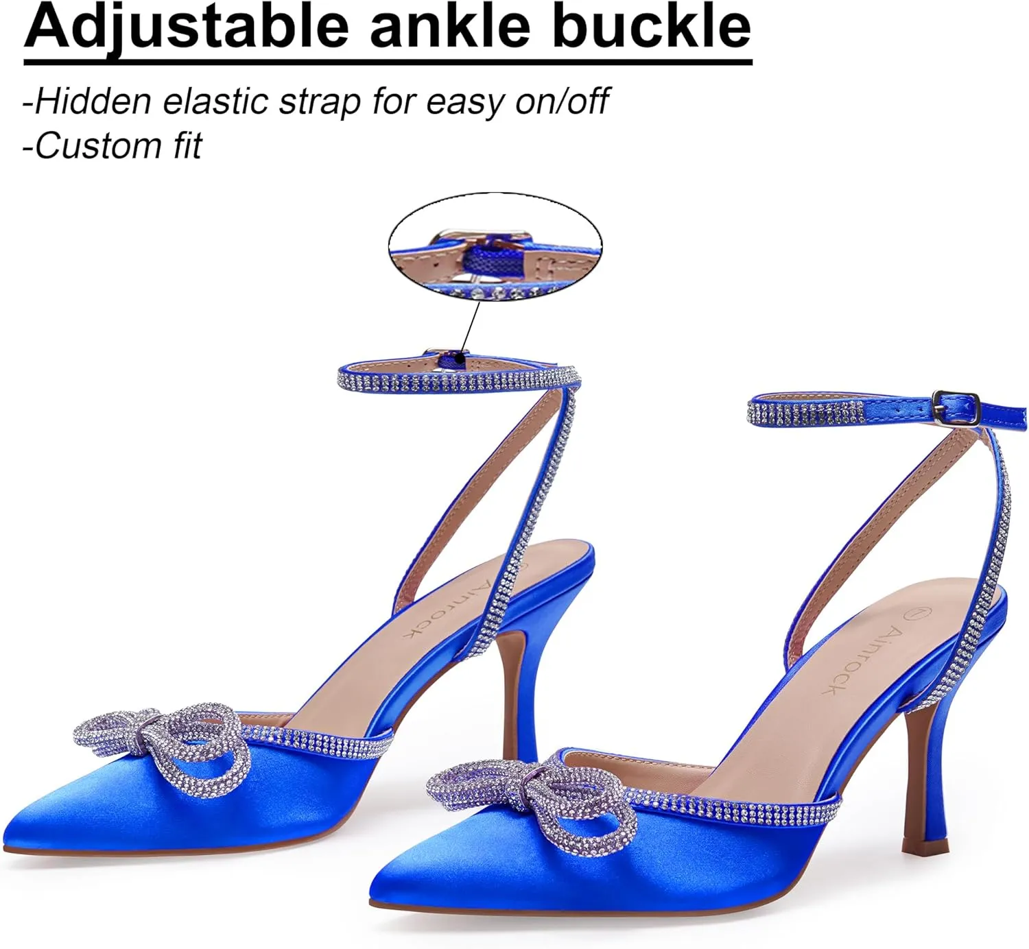 Women's Rhinestone Bow Heels Sparkly Wedding Closed Pointed Toe High Sexy Satin Stiletto Ankle Strap Pumps Bridal Dress Heeled Sandals
