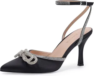 Women's Rhinestone Bow Heels Sparkly Wedding Closed Pointed Toe High Sexy Satin Stiletto Ankle Strap Pumps Bridal Dress Heeled Sandals