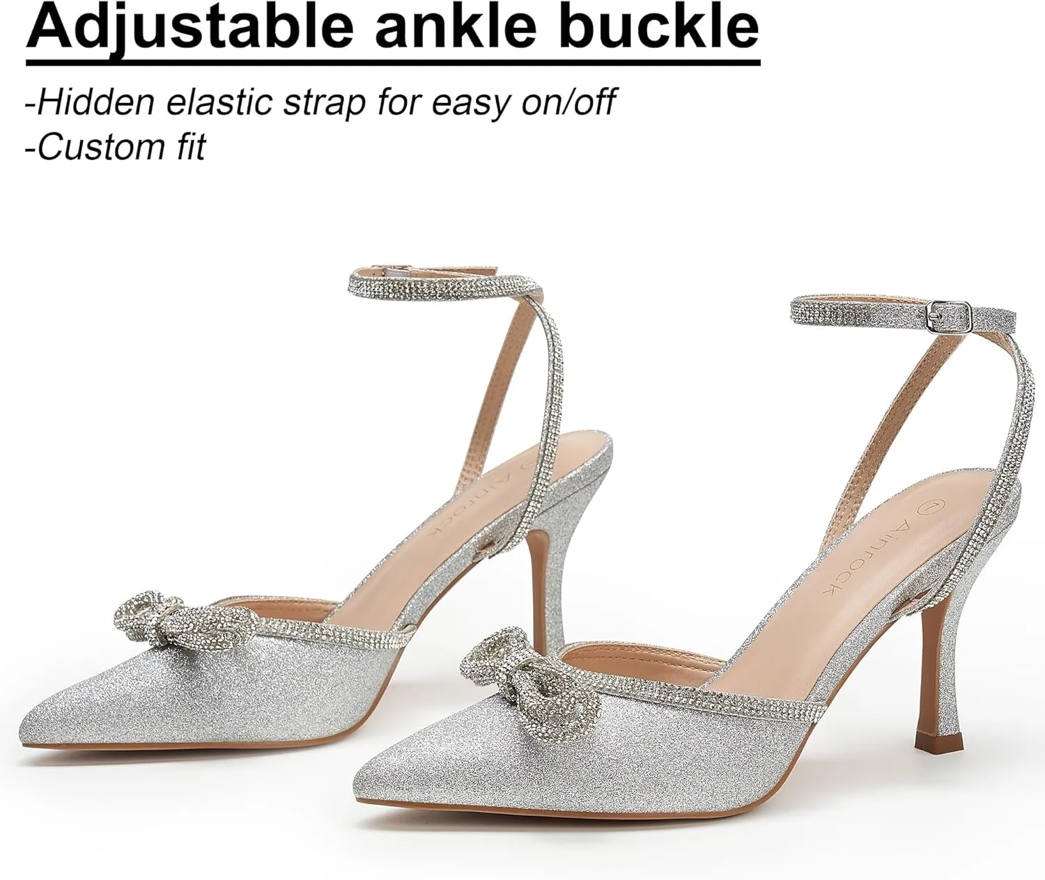 Women's Rhinestone Bow Heels Sparkly Wedding Closed Pointed Toe High Sexy Satin Stiletto Ankle Strap Pumps Bridal Dress Heeled Sandals