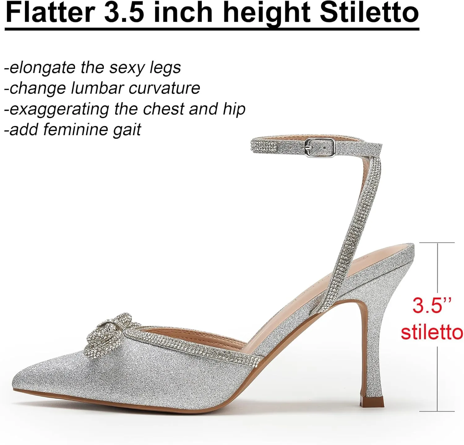 Women's Rhinestone Bow Heels Sparkly Wedding Closed Pointed Toe High Sexy Satin Stiletto Ankle Strap Pumps Bridal Dress Heeled Sandals