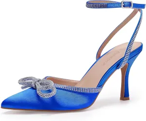 Women's Rhinestone Bow Heels Sparkly Wedding Closed Pointed Toe High Sexy Satin Stiletto Ankle Strap Pumps Bridal Dress Heeled Sandals