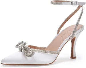 Women's Rhinestone Bow Heels Sparkly Wedding Closed Pointed Toe High Sexy Satin Stiletto Ankle Strap Pumps Bridal Dress Heeled Sandals