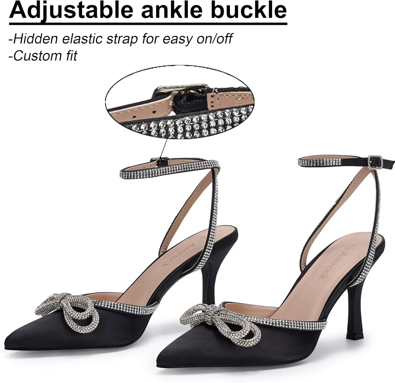 Women's Rhinestone Bow Heels Sparkly Wedding Closed Pointed Toe High Sexy Satin Stiletto Ankle Strap Pumps Bridal Dress Heeled Sandals