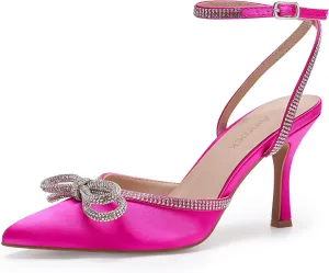 Women's Rhinestone Bow Heels Sparkly Wedding Closed Pointed Toe High Sexy Satin Stiletto Ankle Strap Pumps Bridal Dress Heeled Sandals