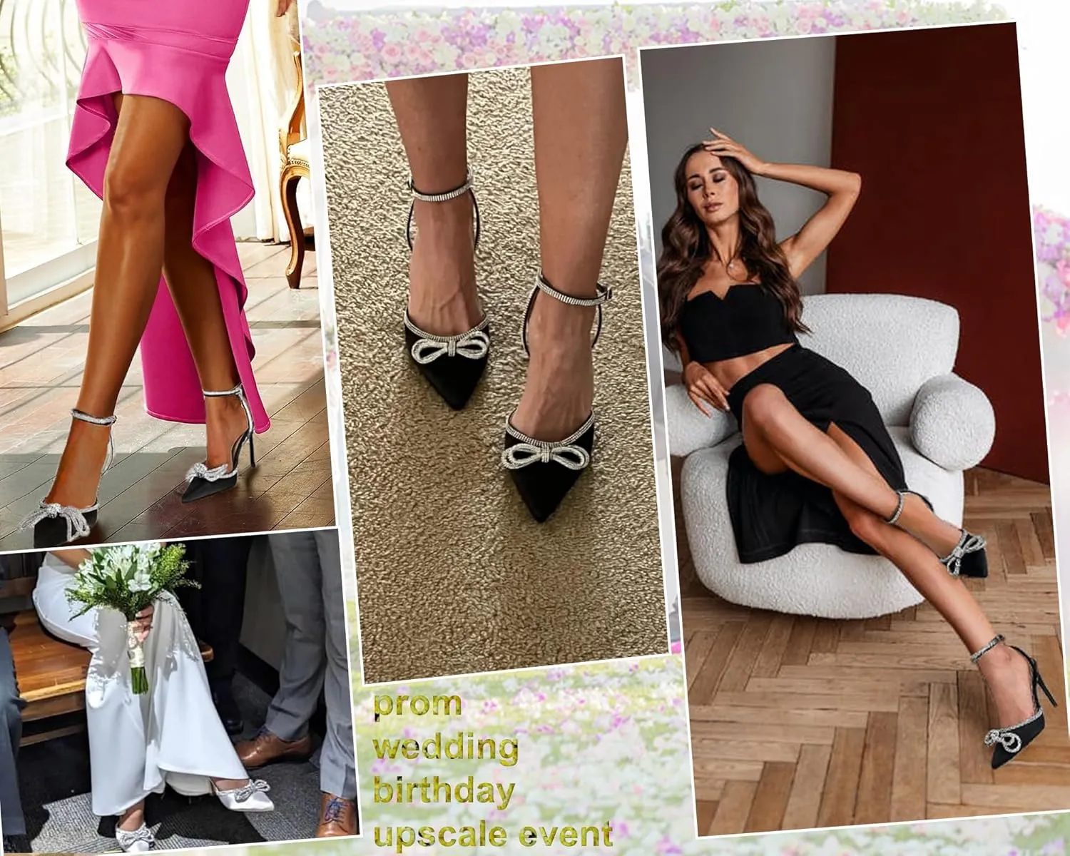 Women's Rhinestone Bow Heels Sparkly Wedding Closed Pointed Toe High Sexy Satin Stiletto Ankle Strap Pumps Bridal Dress Heeled Sandals