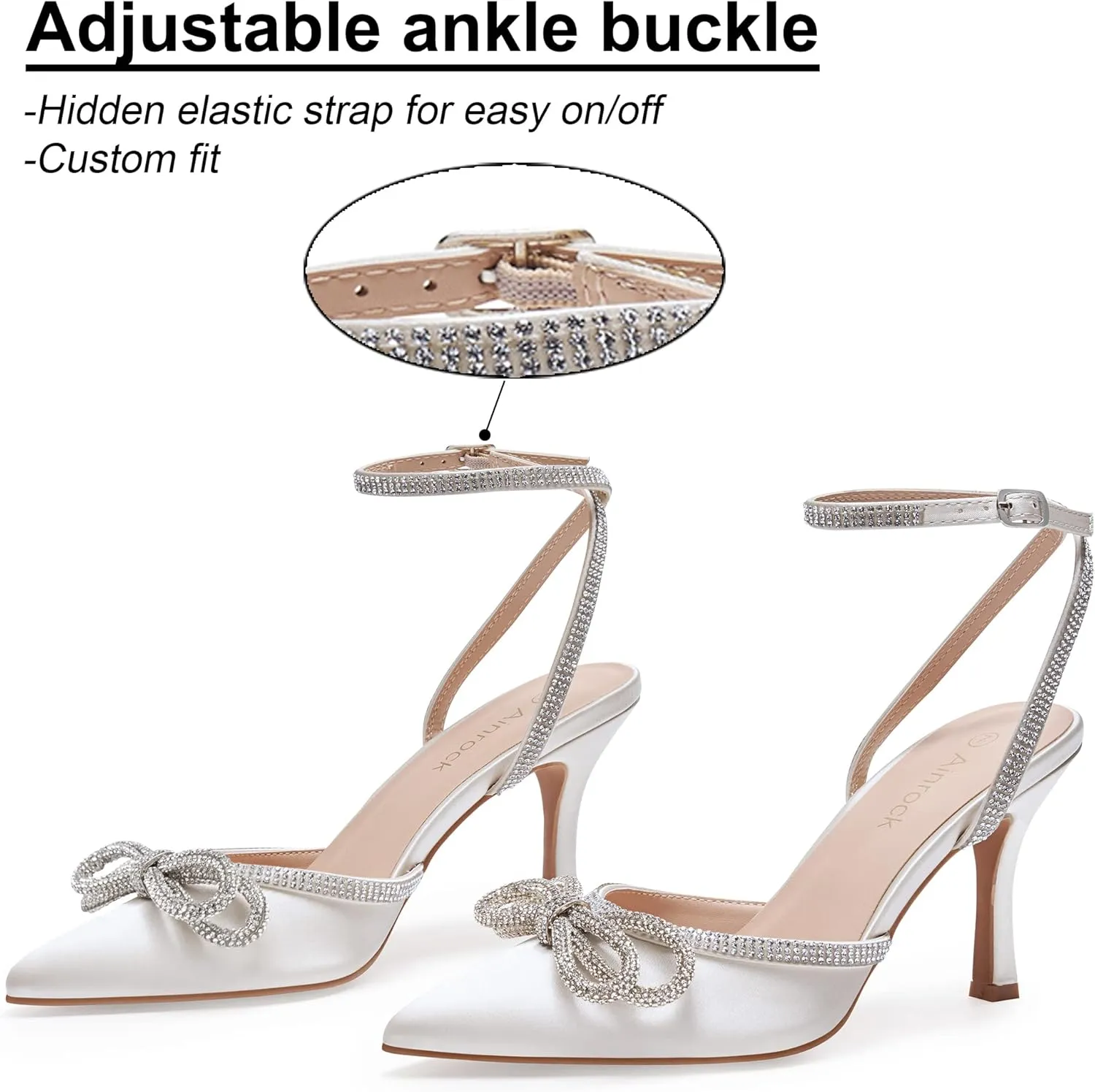 Women's Rhinestone Bow Heels Sparkly Wedding Closed Pointed Toe High Sexy Satin Stiletto Ankle Strap Pumps Bridal Dress Heeled Sandals